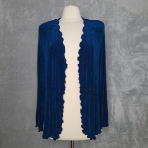 Vintage Blue Slinky Knit Open Front Cardigan Size L Lettuce Trim Vacation Travel